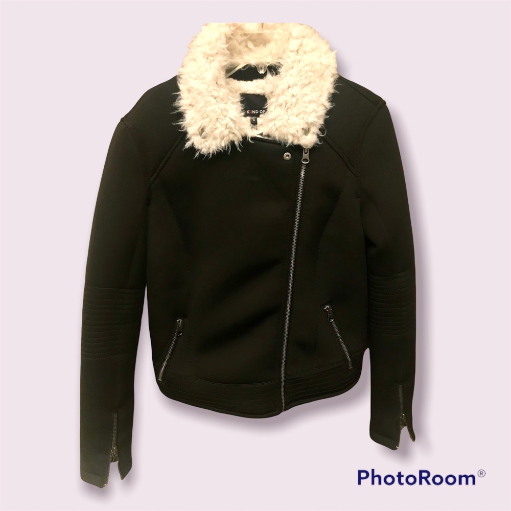 NEW with Tags! Kiind Of Mira Black Scuba Faux Fur Moto Jacket Size Small.